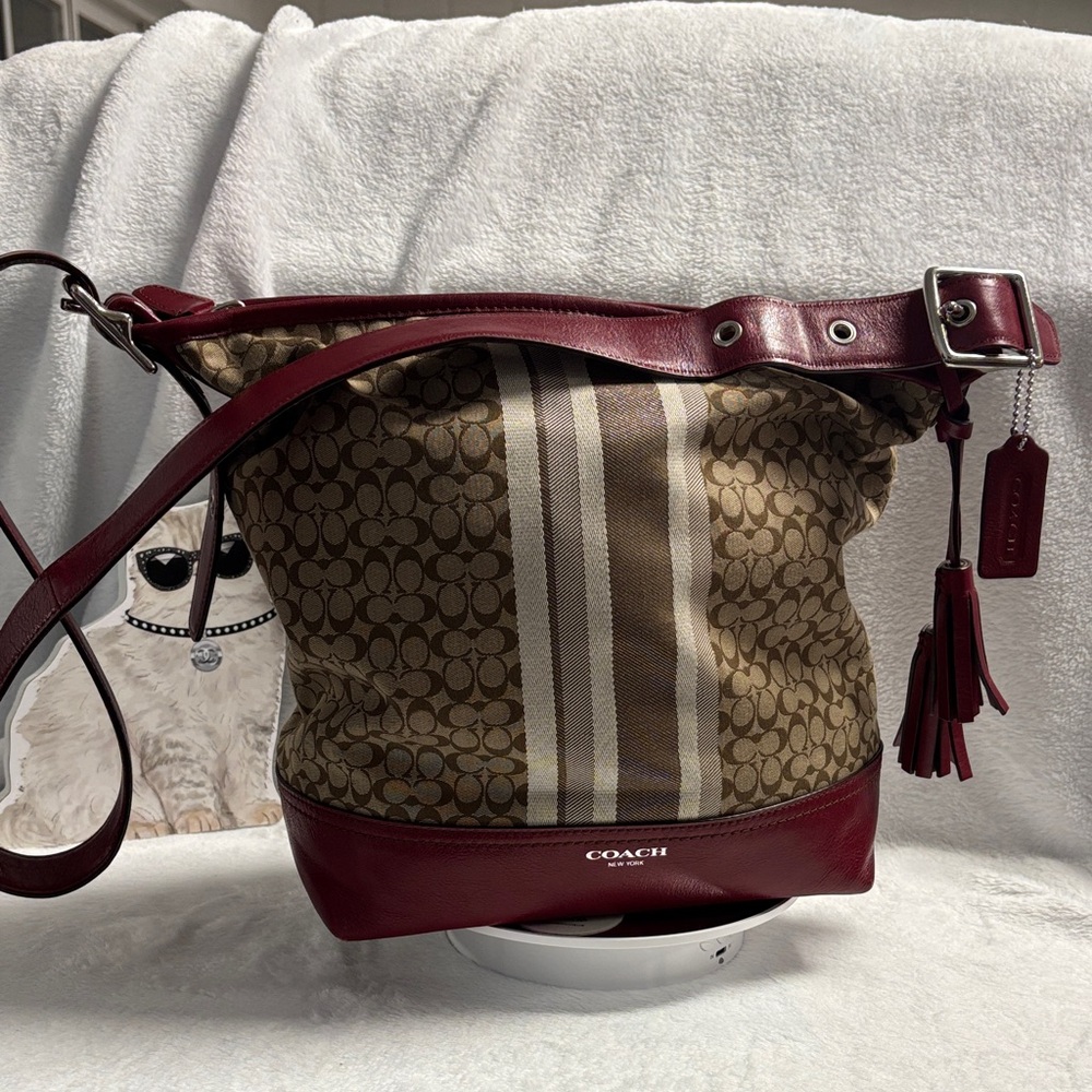Coach Brown and Red Signature Stripe Shoulder Bag - EUC